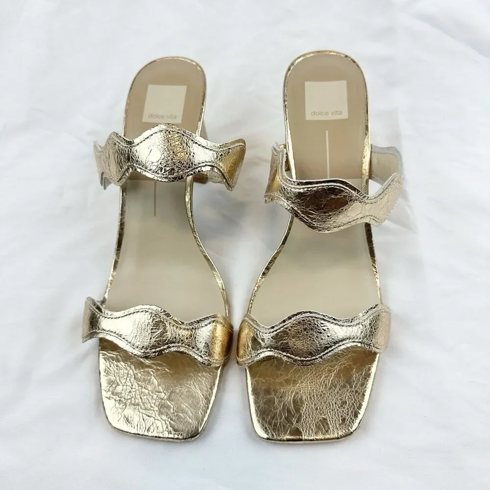Dolce Vita Ilva Women's Sz 11W Gold Heeled Mule Sandals Chunky Heel
